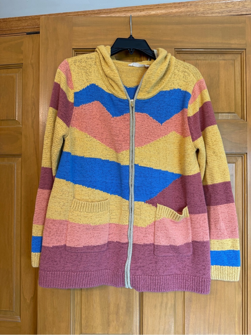 Soft Surroundings Chevron Striped Hooded Zip Cardigan - Mustard, Blue & Pink